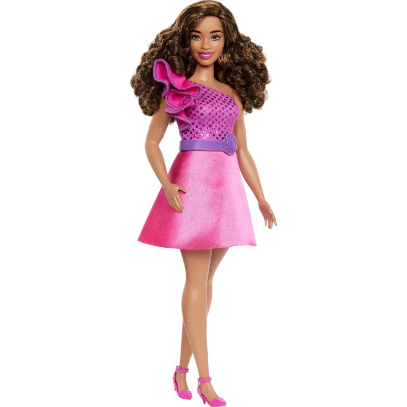 Mattel Barbie Fashionistas Curvy Body Type with Brown Hair, Pink Sparkly Dress & Accessories sold by S&D