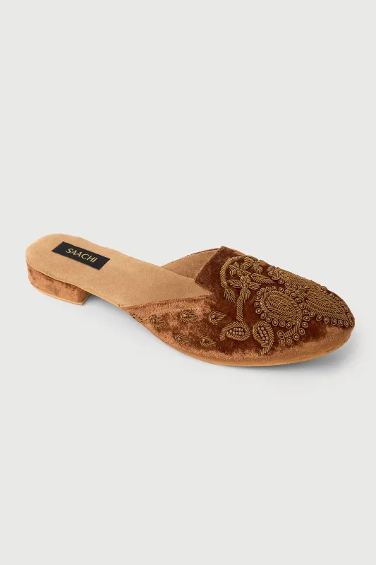 Bronze Embroidered Velvet Mules made by SAACHI