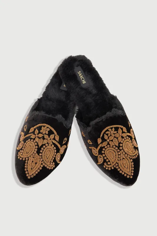 Golden Paisley Fur Mules made by SAACHI