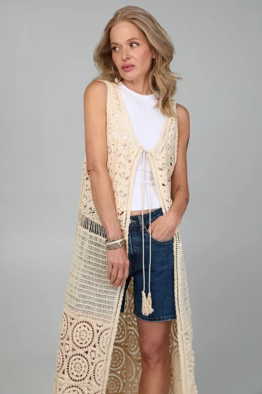 Crochet Tie Front Long Kimono sold by SAACHI