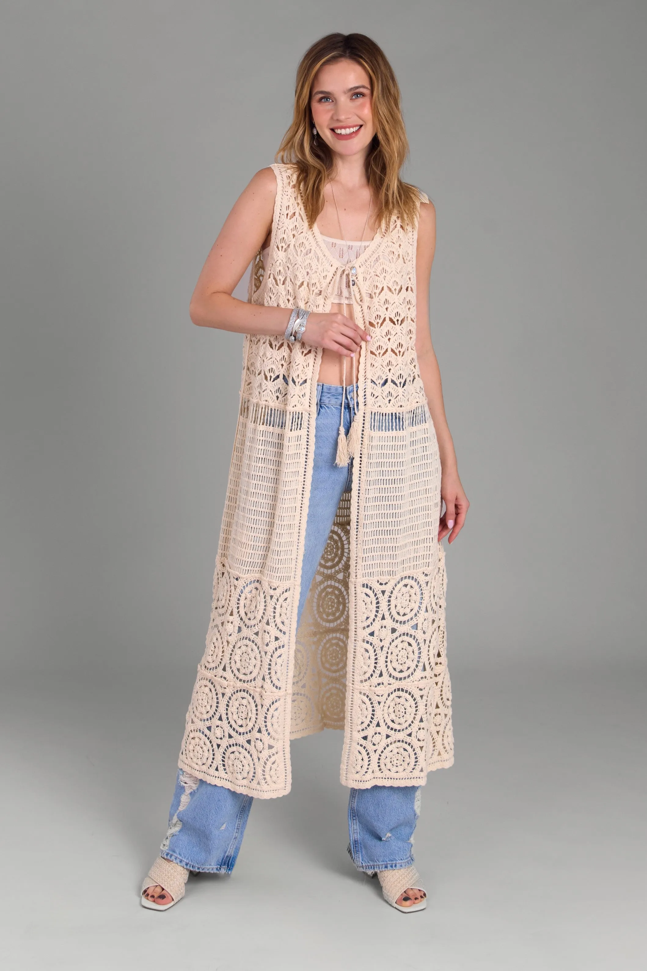 Crochet Tie Front Long Kimono sold by SAACHI product image thumbnail 4