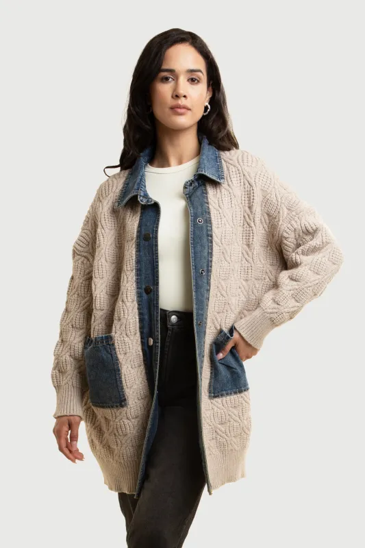 Denim Collar Sweater Jacket sold by SAACHI