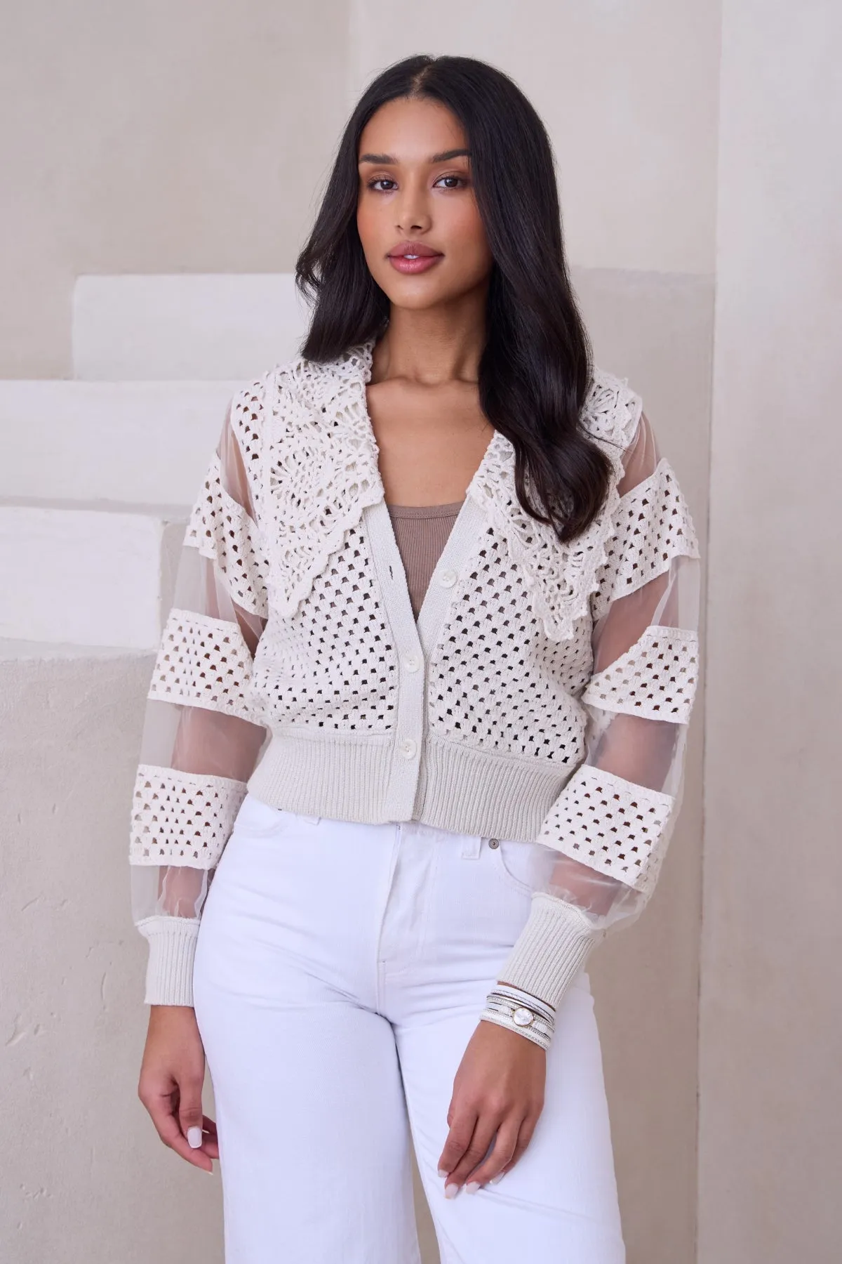 Hand Crochet Sheer Button Cardigan sold by SAACHI
