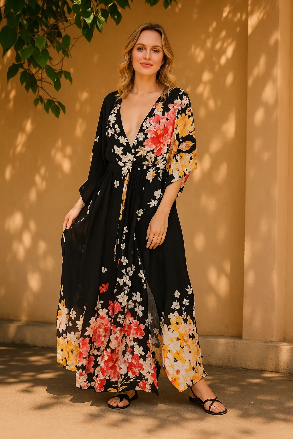 Multicolored Fiore Tie Waist Keyhole Kaftan sold by SAACHI
