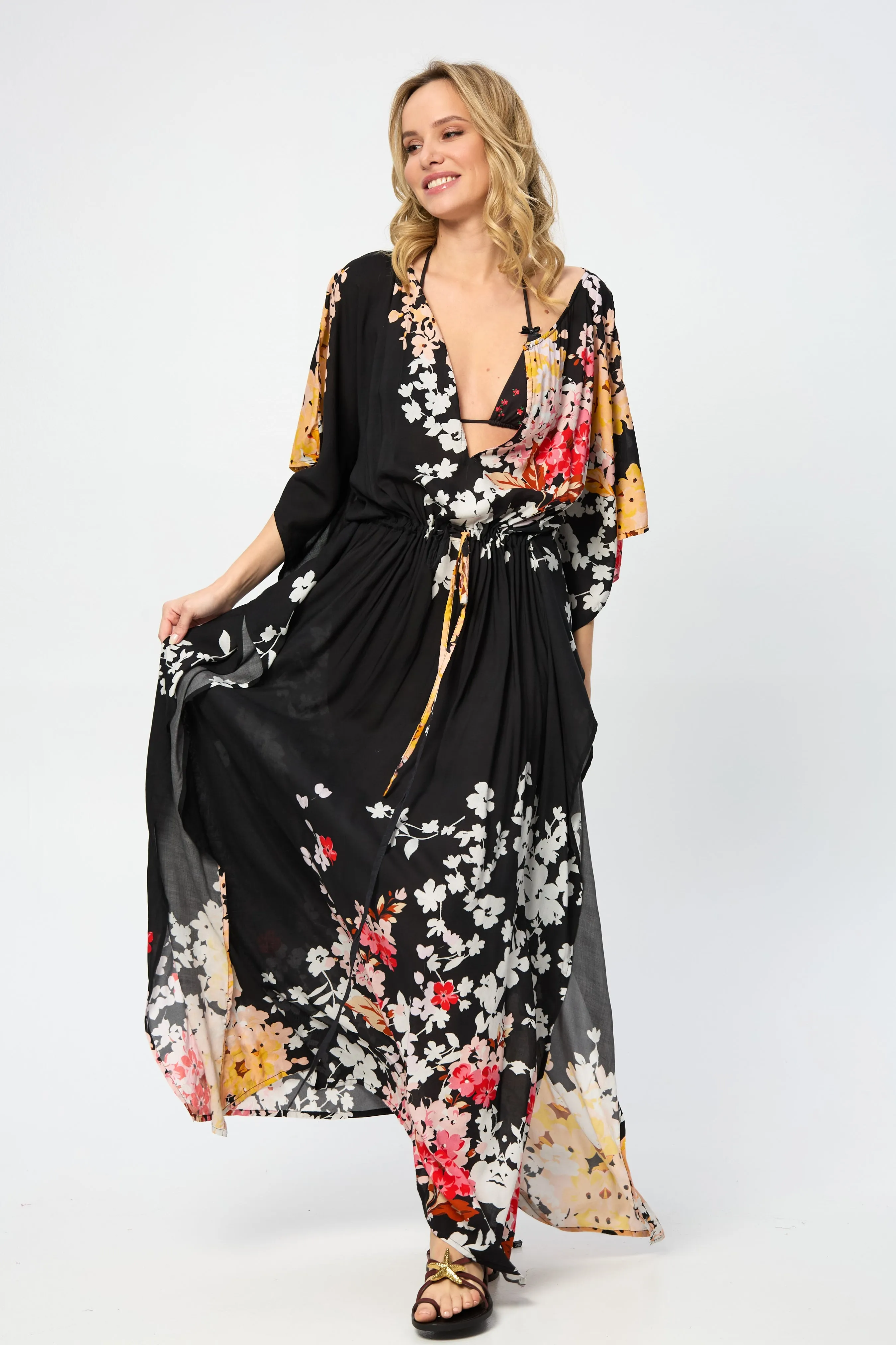 Multicolored Fiore Tie Waist Keyhole Kaftan sold by SAACHI product image thumbnail 3