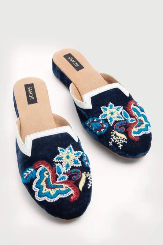 Blue Velvet embroidered slides made by SAACHI