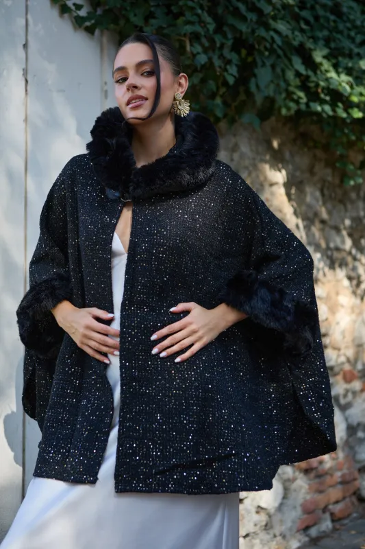 Sequin Kimono Faux Fur Hood sold by SAACHI