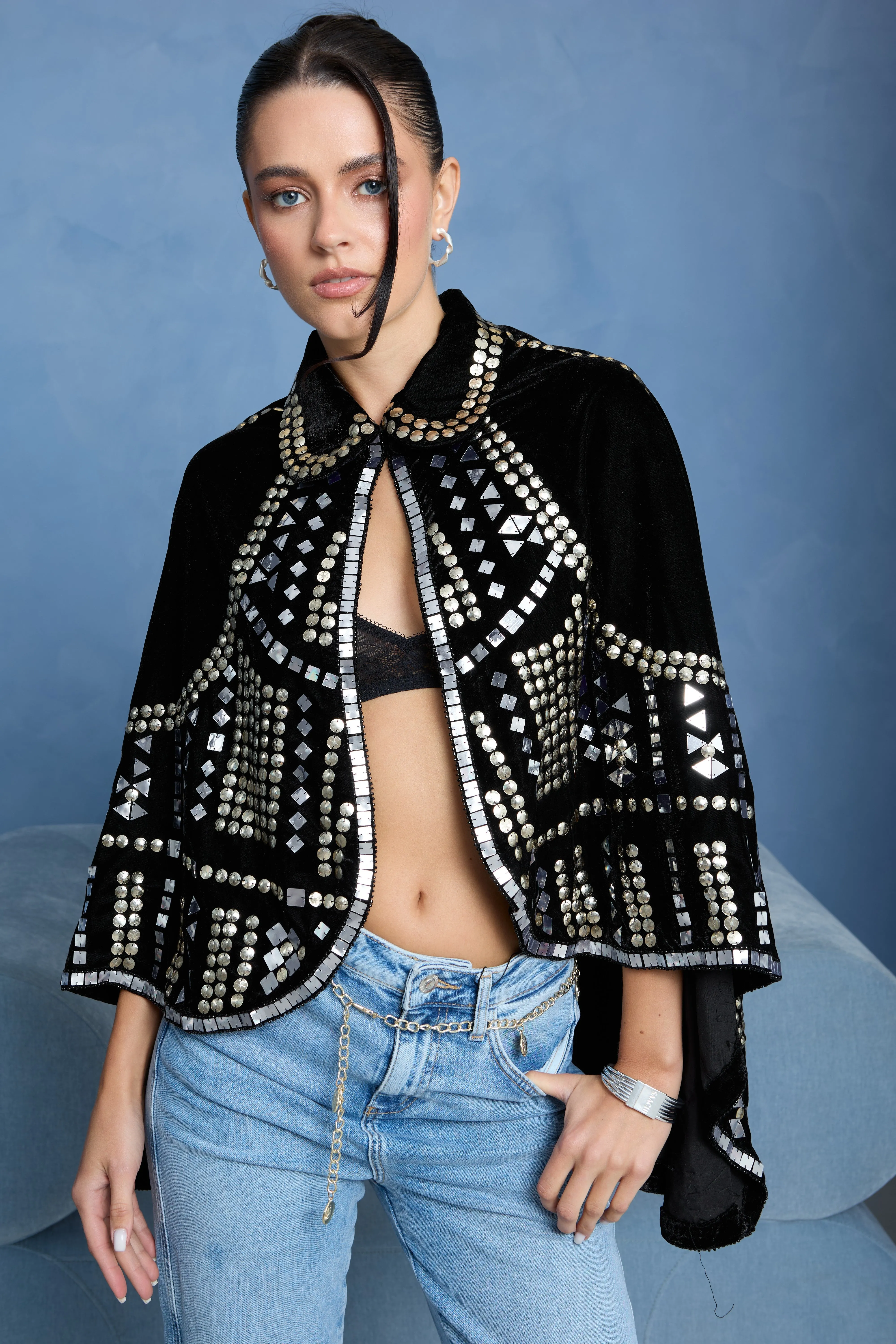 Black Velvet Embellished Capelet sold by SAACHI product image thumbnail 3