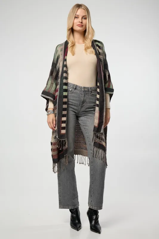 Cotton Retro Striped Fringe Long Jacket sold by SAACHI