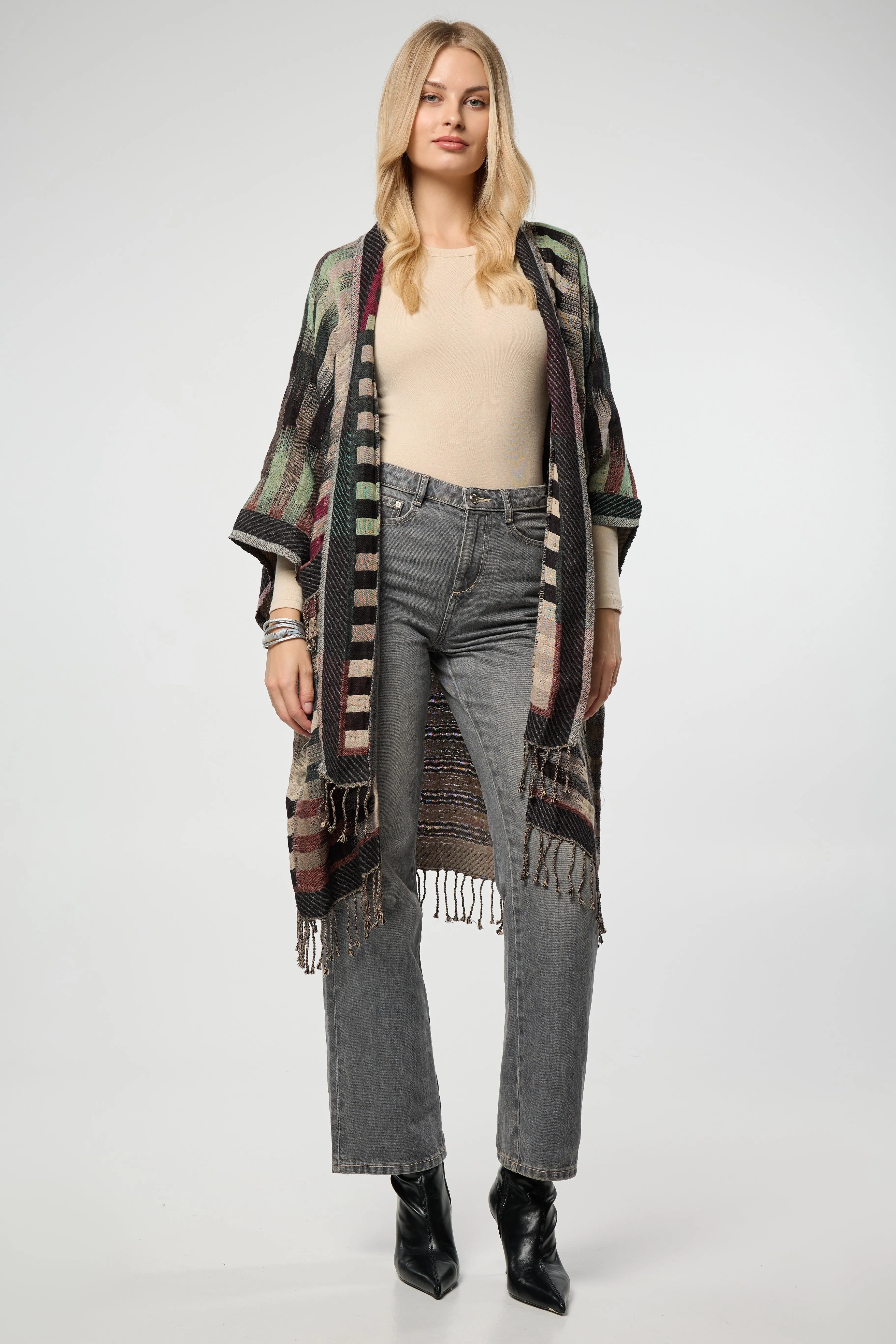 Cotton Retro Striped Fringe Long Jacket sold by SAACHI