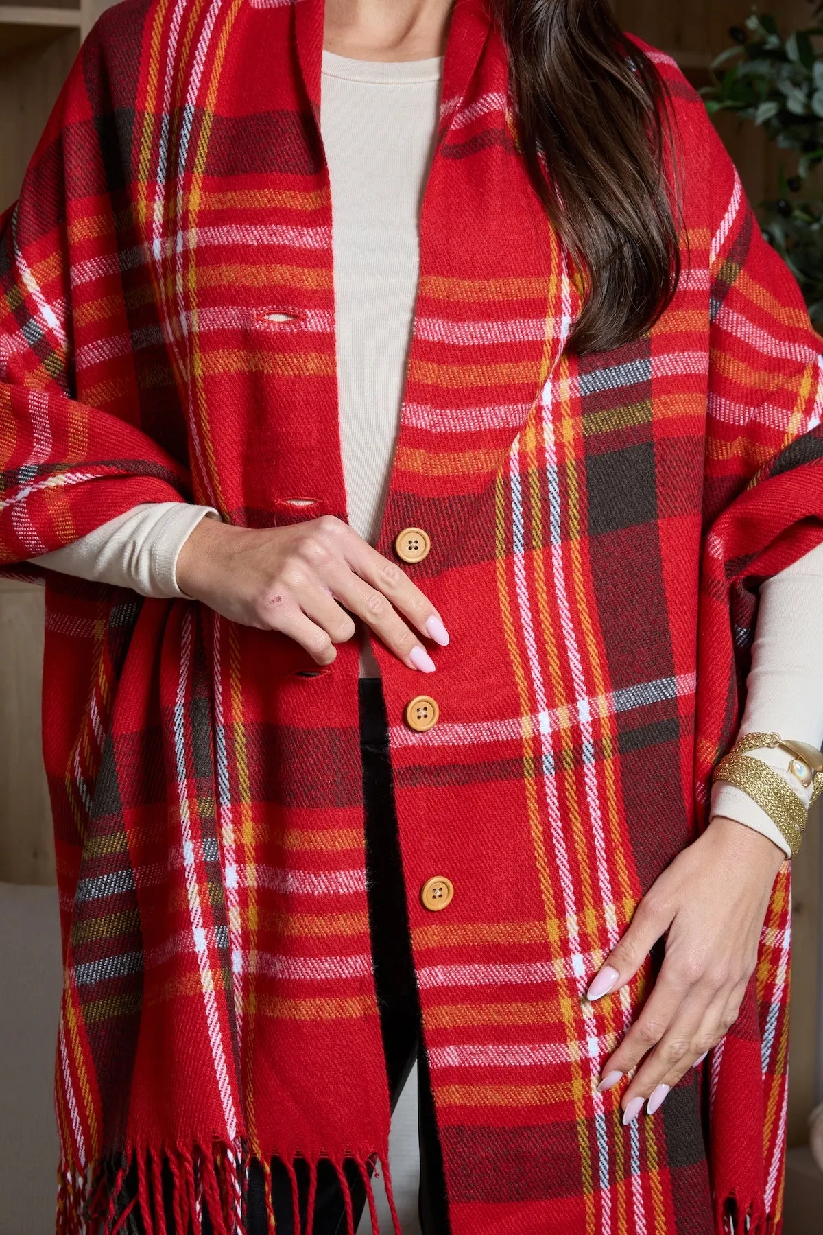 Plaid Tassel Buttoned Poncho sold by SAACHI product image thumbnail 3