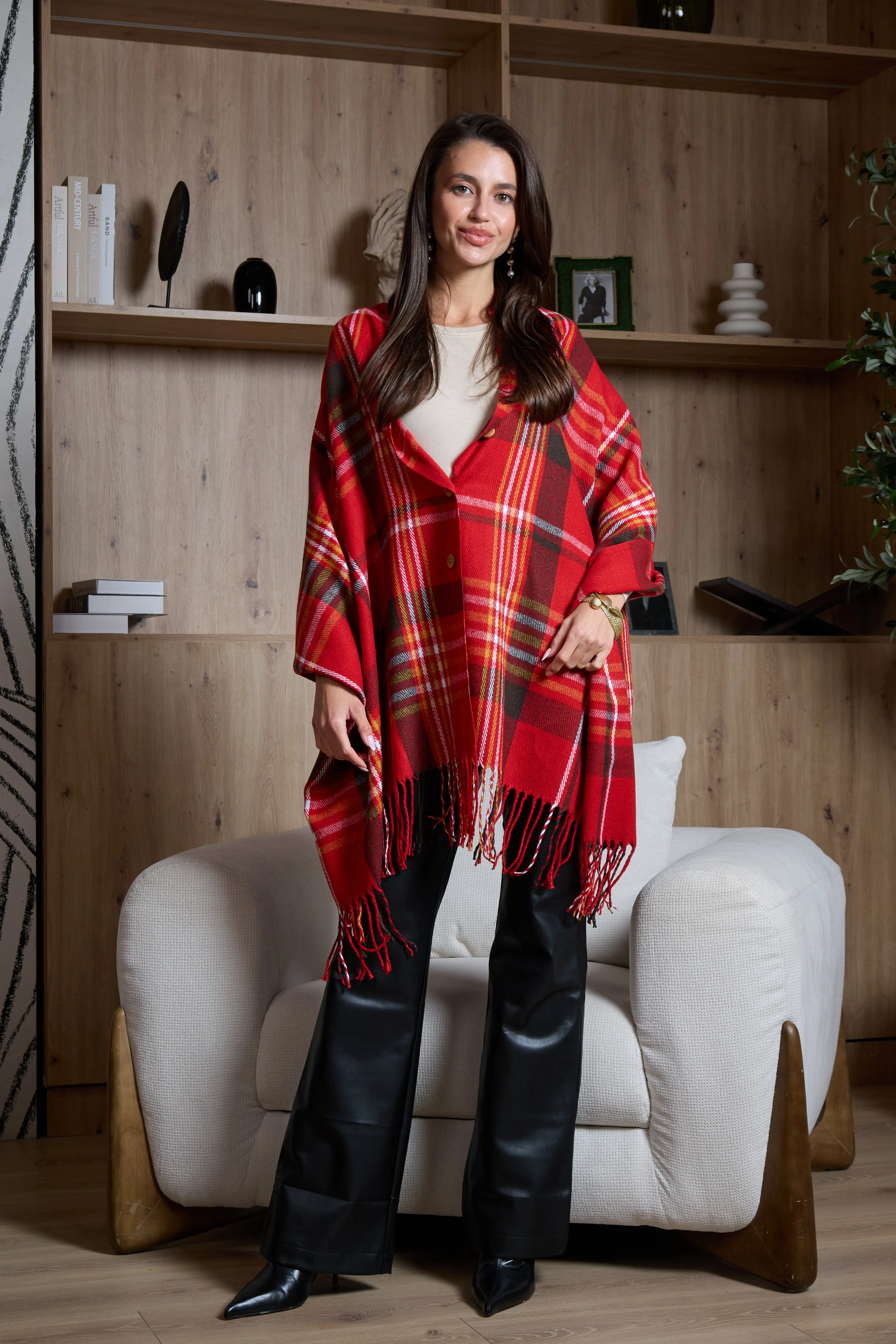Plaid Tassel Buttoned Poncho sold by SAACHI