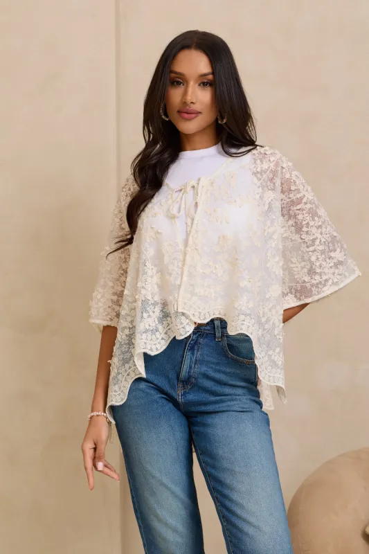 Floral Lace Tie Front Ruana made by SAACHI