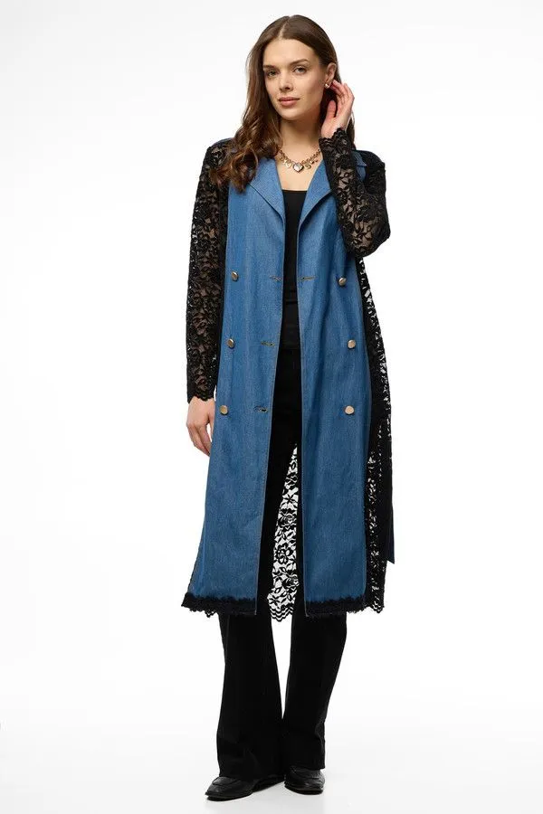 Lace Denim Trench Coat Jacket sold by SAACHI product image thumbnail 5