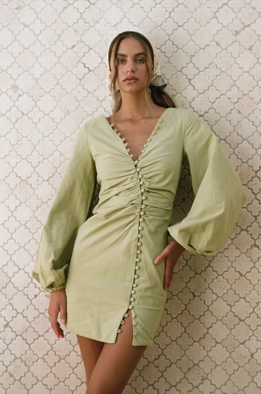 Minna Button Dress - Moss sold by Sabo Skirt