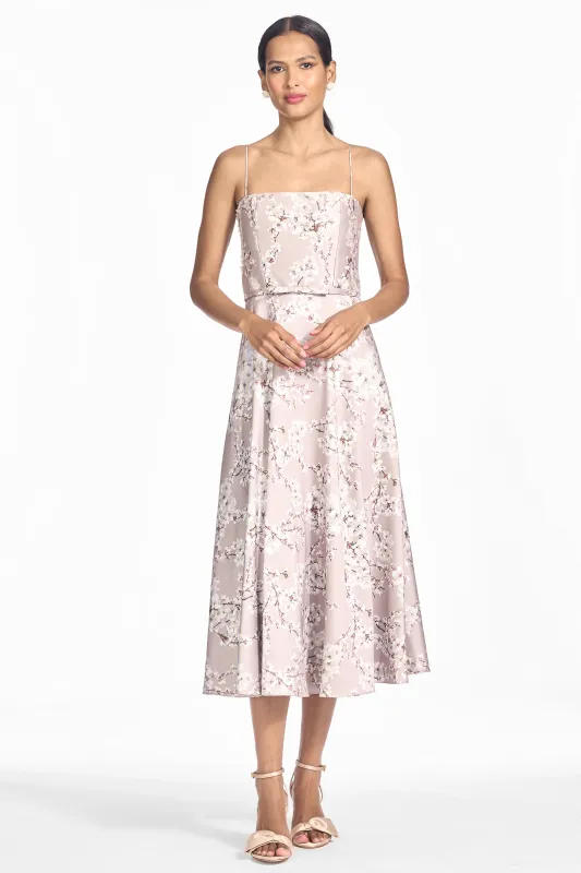 LAUREL BEIGE FLORAL MIKADO A-LINE TEA LENGTH DRESS made by Sachin + Babi