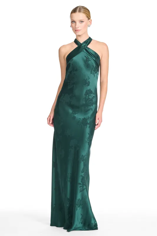 LAURANT FOREST GREEN HALTER GOWN WITH TASSELS made by Sachin + Babi