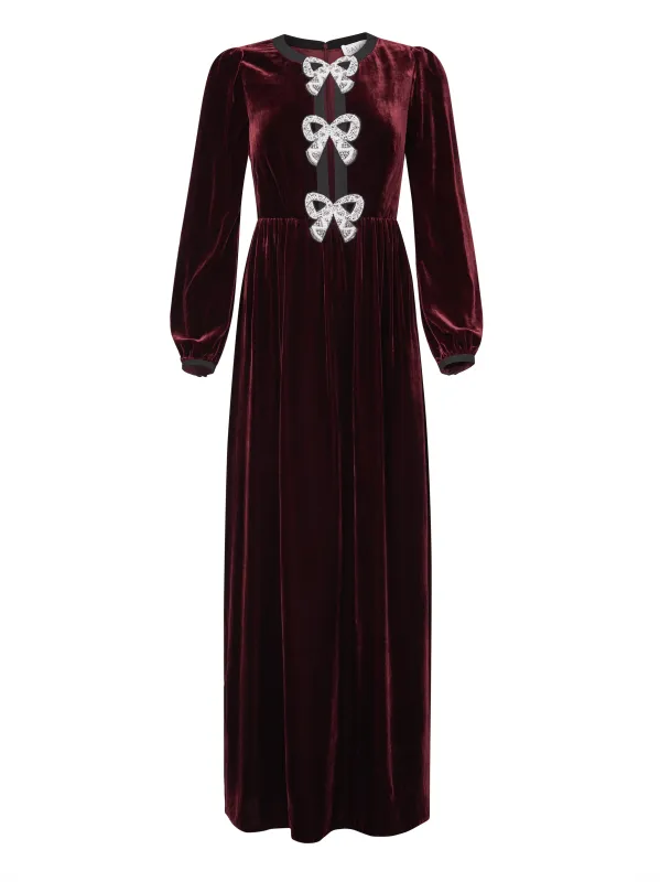 Camille Velvet Embellished Bows Long Dress in Burgundy made by SALONI