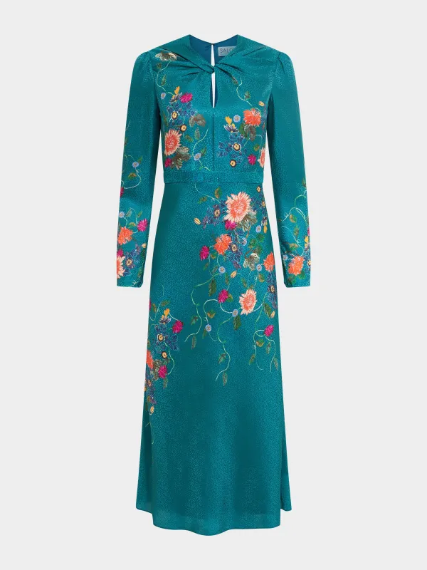 Claudia Midi Dress in Peacock Flori sold by SALONI