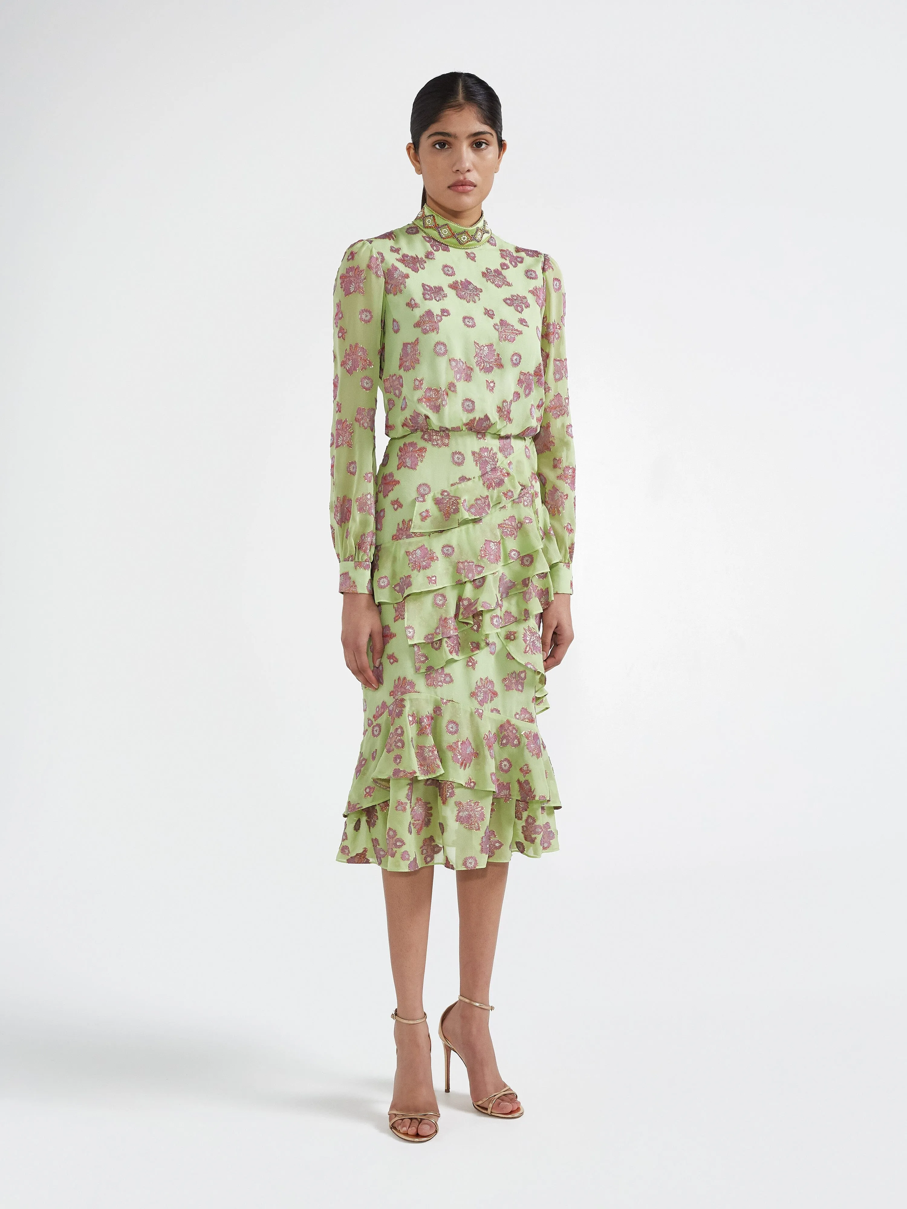 Isa Ruffle Dress in Metallic Jade Embroidery sold by SALONI product image thumbnail 3