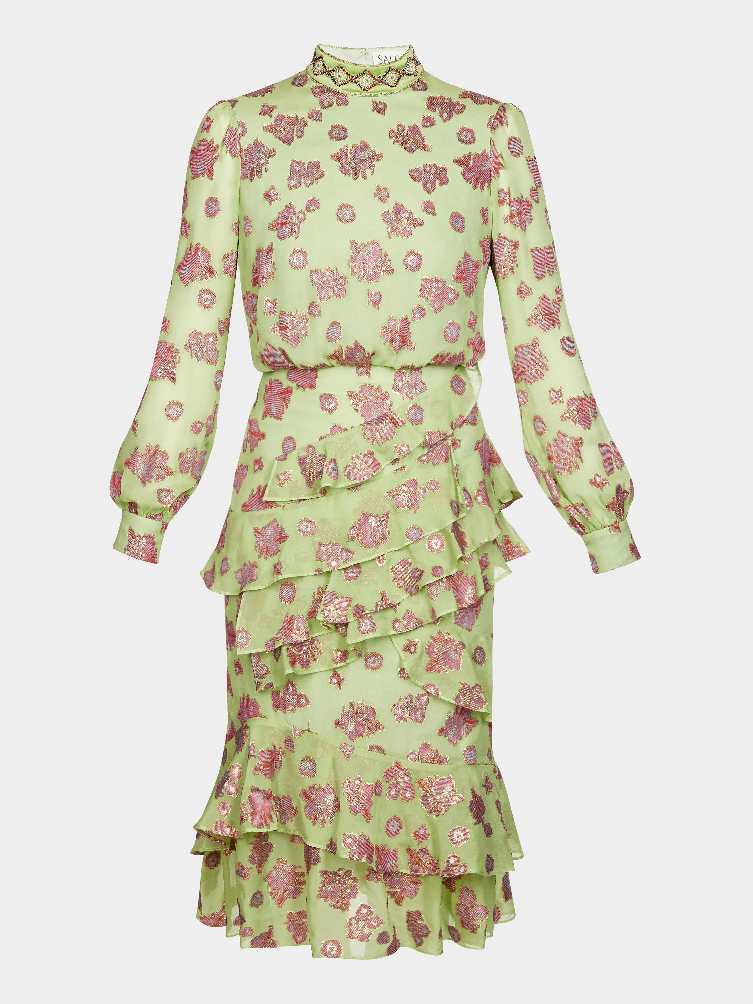 Isa Ruffle Dress in Metallic Jade Embroidery sold by SALONI