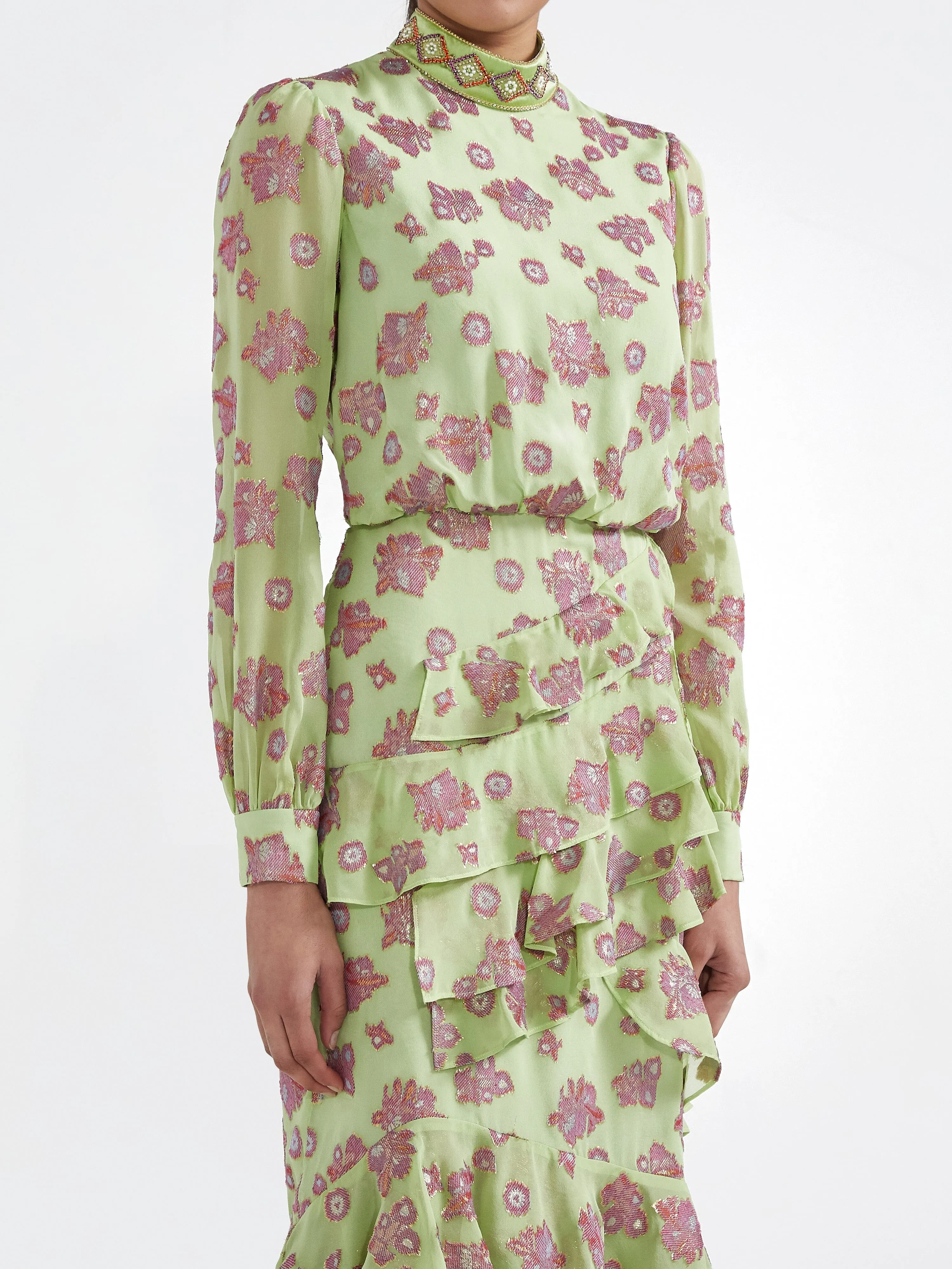 Isa Ruffle Dress in Metallic Jade Embroidery sold by SALONI product image thumbnail 5