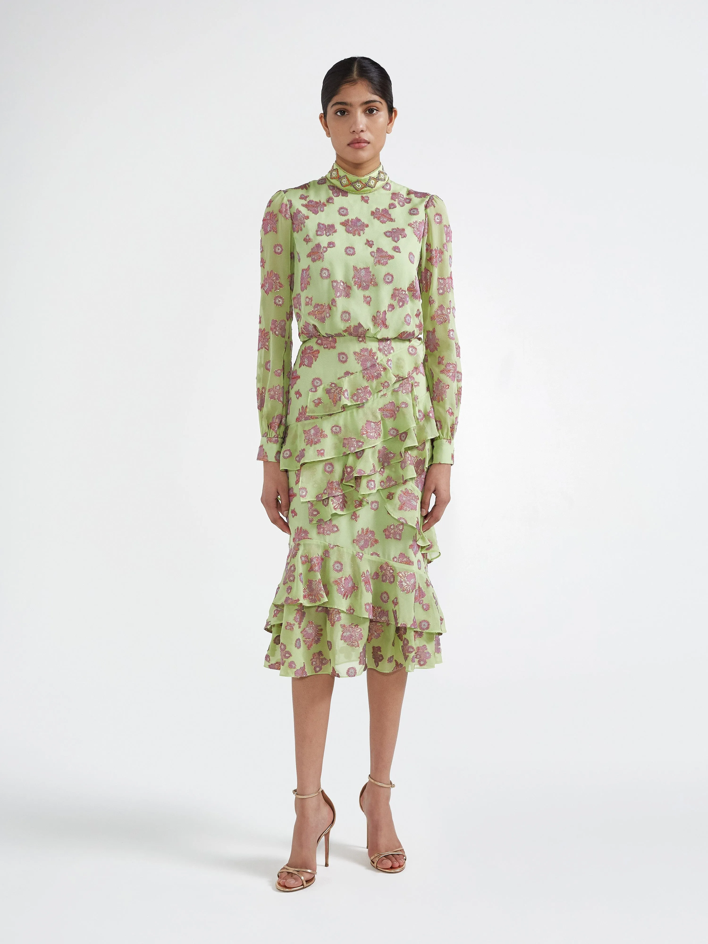Isa Ruffle Dress in Metallic Jade Embroidery sold by SALONI product image thumbnail 2