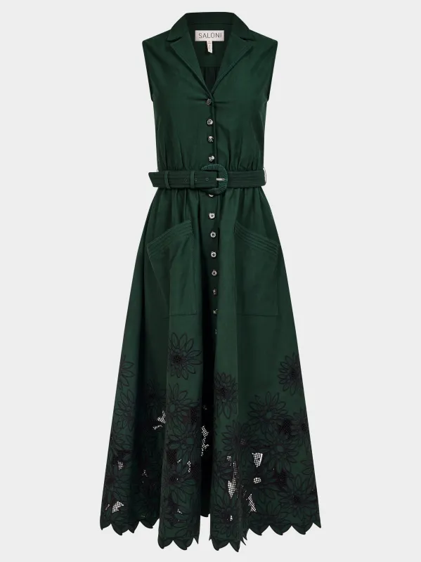 Kirat Dress in Pine Green Embroidery made by AW25