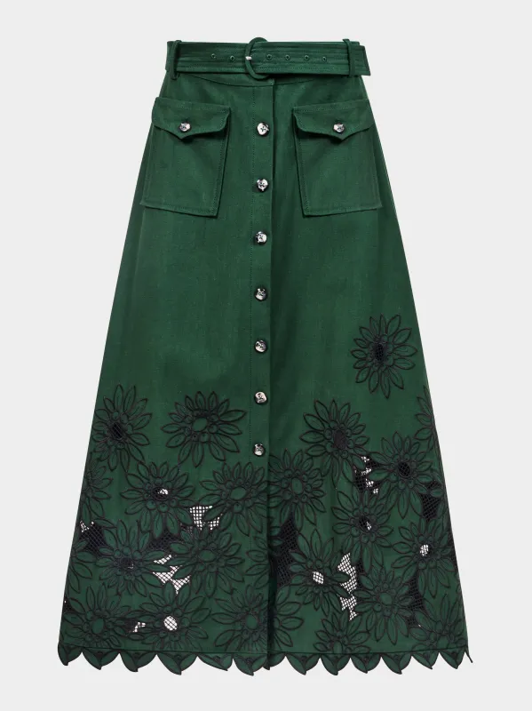 Kali Skirt in Pine Green Daisy Embroidery sold by SALONI