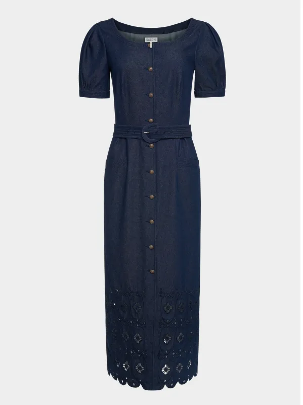 Blanca C Dress in Indigo Briolette Embroidery sold by SALONI