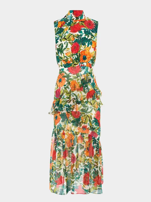 Fleur Ruffle Dress in Mandevilla Foliage sold by SALONI