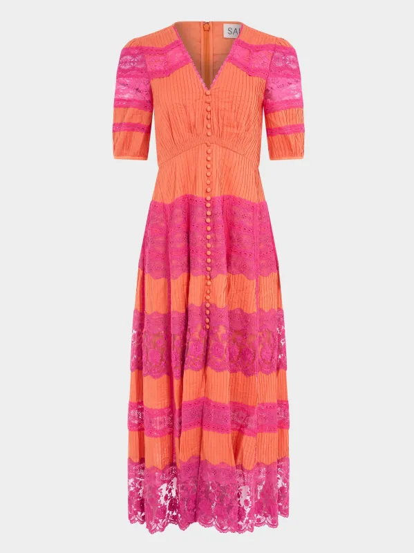 Lea Long Lace Dress in Nectarine Honeysuckle made by SALONI