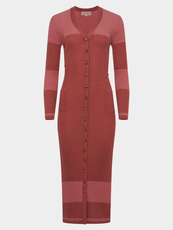 Venyx Long Rib Cardigan Dress in Cinnamon Metallic made by SALONI