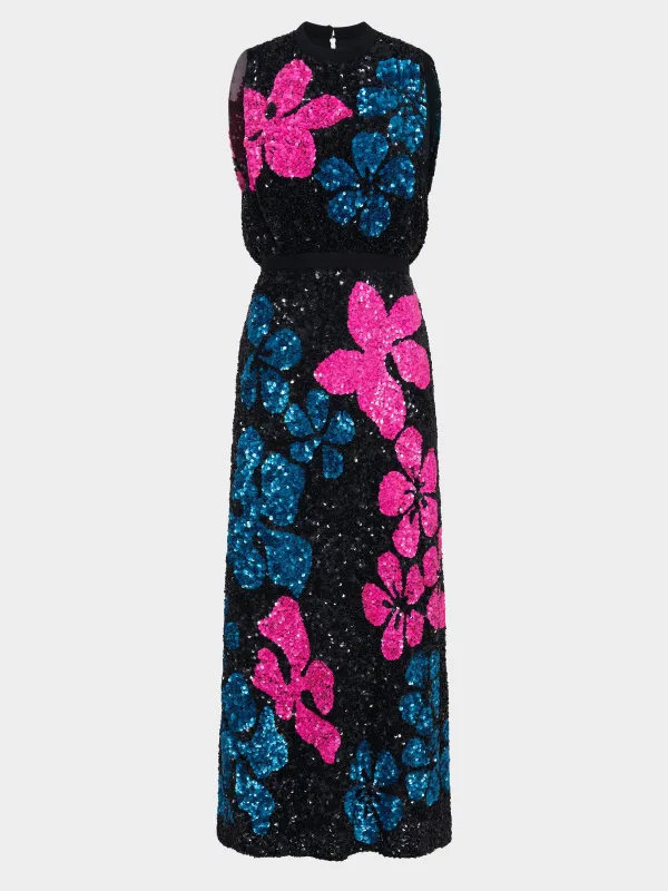 Fleur F Dress Sequin Hibiscus Embroidery made by SALONI