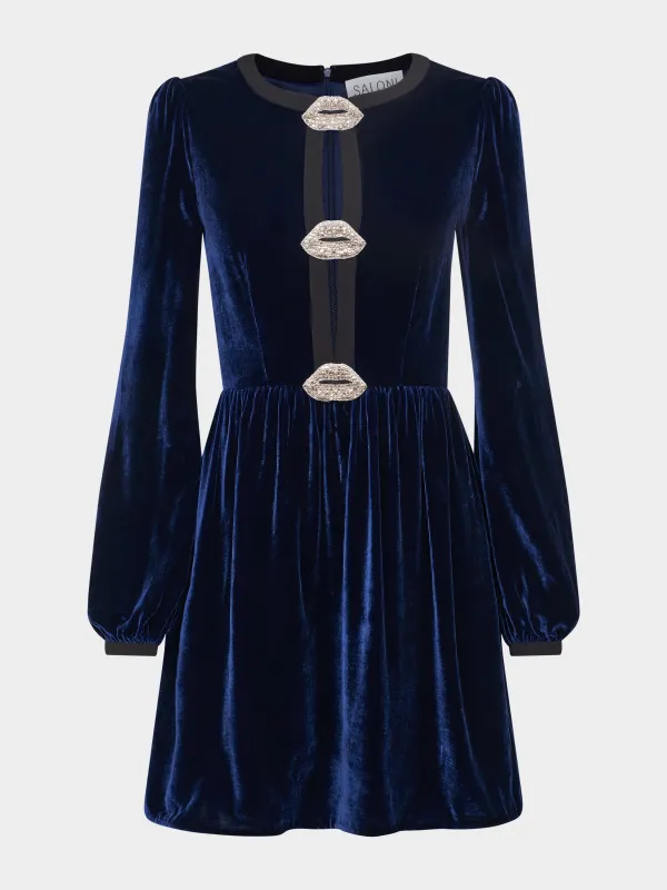Camille Bows Mini Dress in Navy Black Lips sold by SALONI