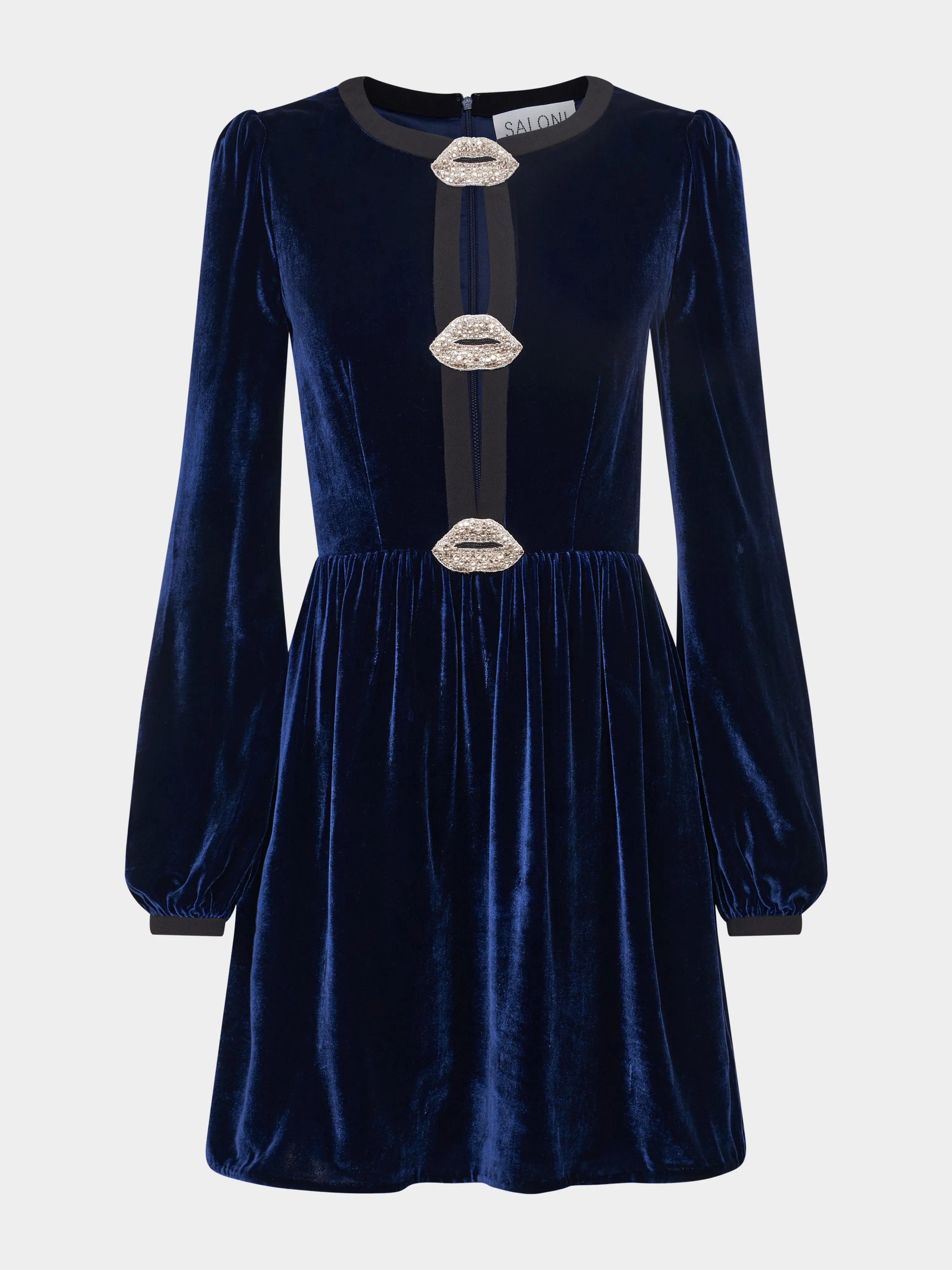 Camille Bows Mini Dress in Navy Black Lips sold by SALONI