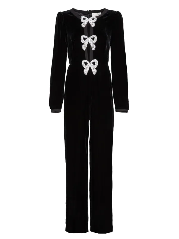 Camille Velvet Embellished Bows Jumpsuit in Black sold by SALONI