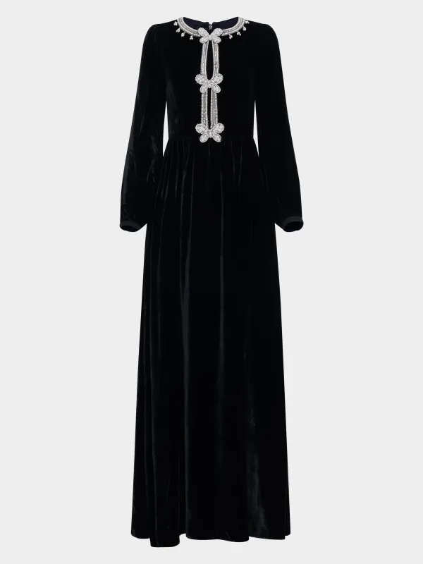 Camille Long Dress in Black Monarch Embroidery made by SALONI