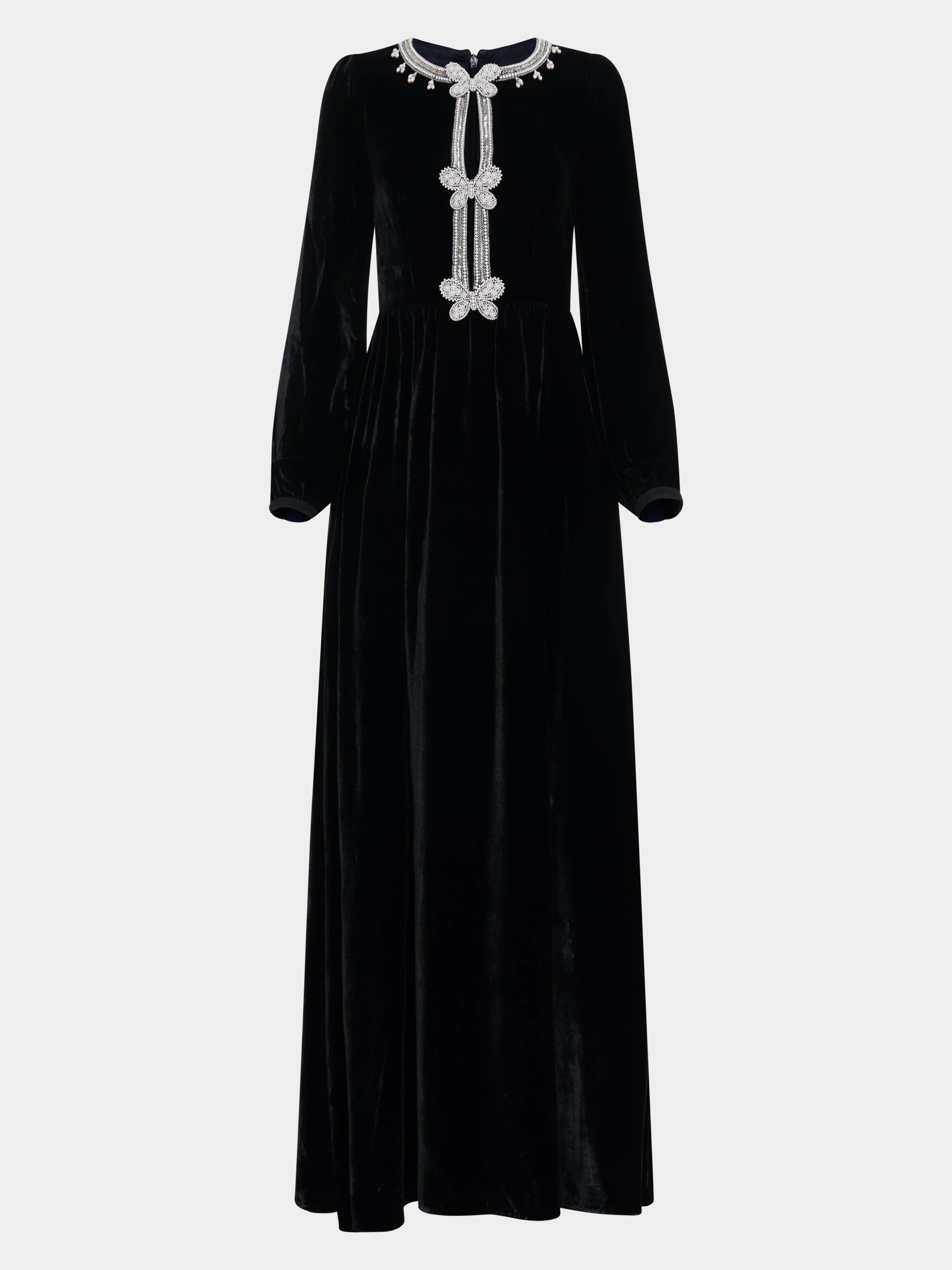 Camille Long Dress in Black Monarch Embroidery sold by SALONI