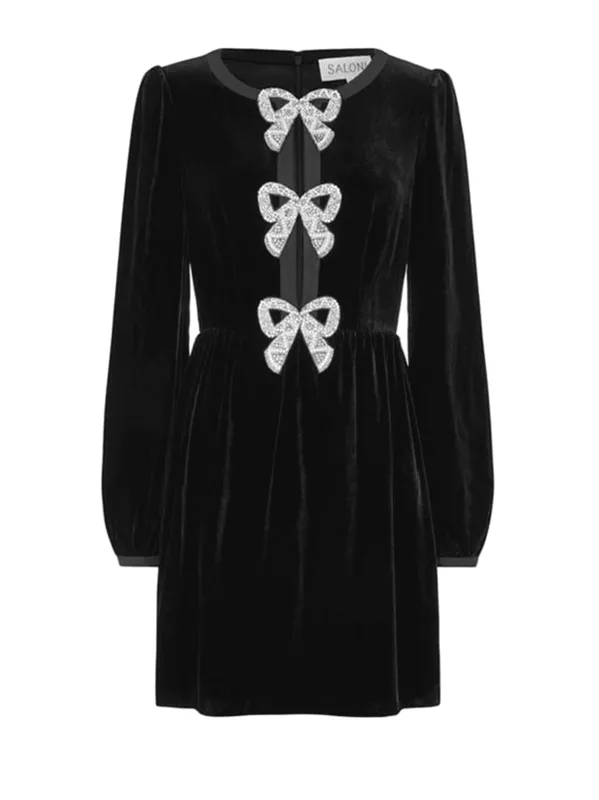 Camille Velvet Embellished Bows Mini Dress in Black sold by SALONI