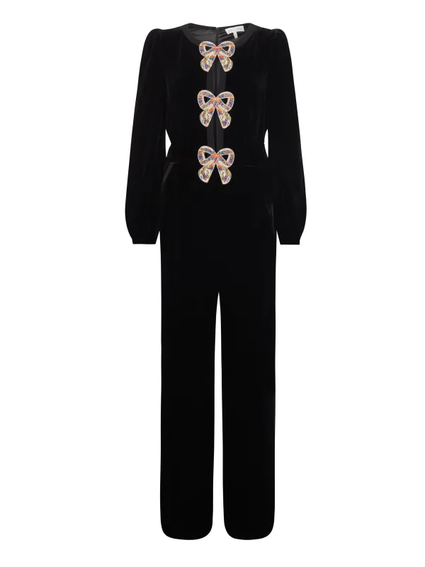 Camille Velvet Embellished Bows Jumpsuit in Black with Rainbow Bows sold by SALONI