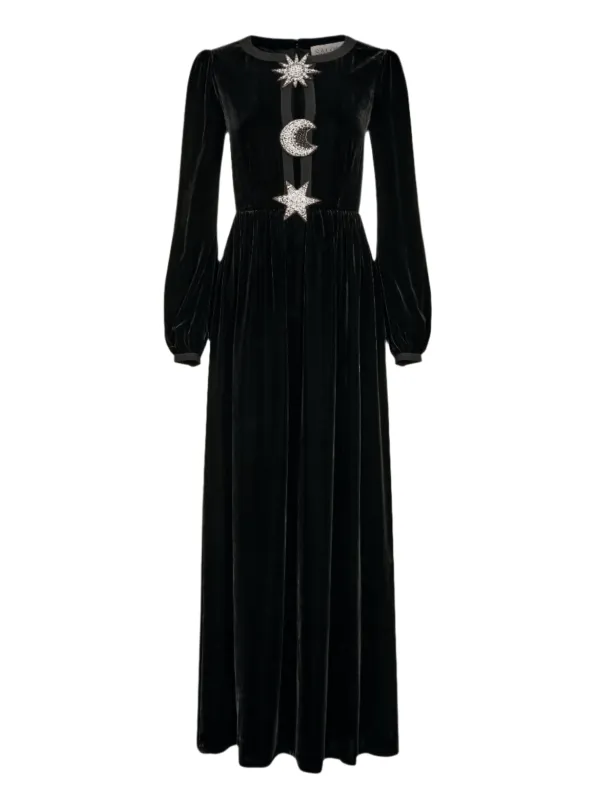 Camille Embellished Sun Moon Star Long Dress in Black made by SALONI