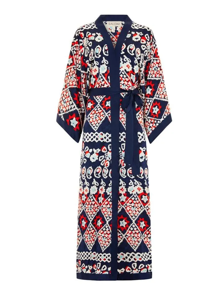 Silk Kimono Robe in Navy Batik sold by SALONI
