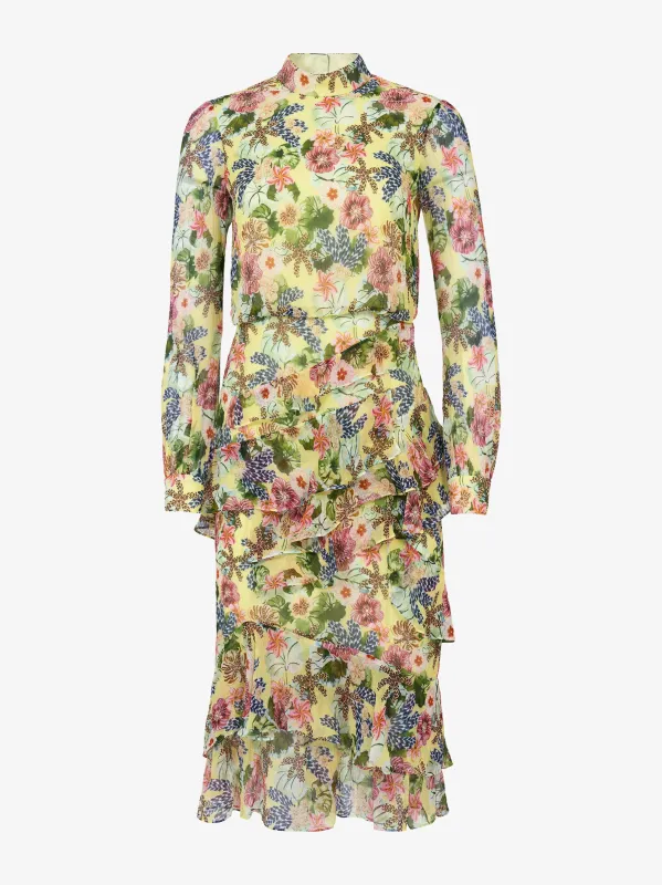 Isa Ruffle Dress in Plumeria Lemon sold by SALONI