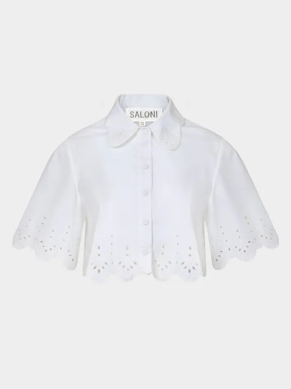 Dree Crop Shirt in White Ray Embroidery made by SALONI