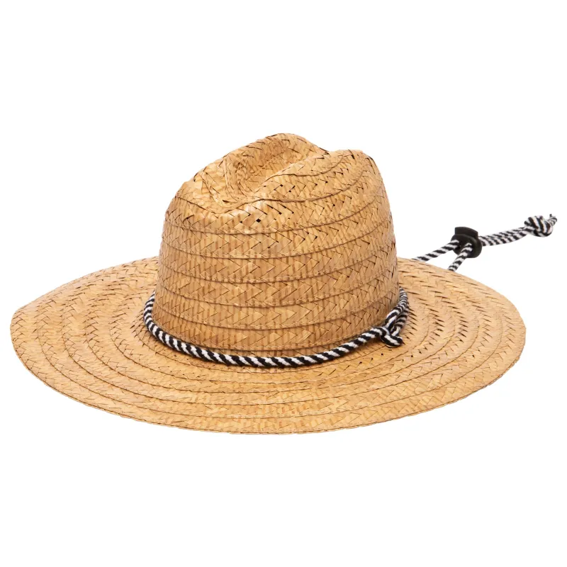 Men's kwai braided straw lifeguard with adjustable black and white chin cord (RSM586) sold by San Diego Hat Company