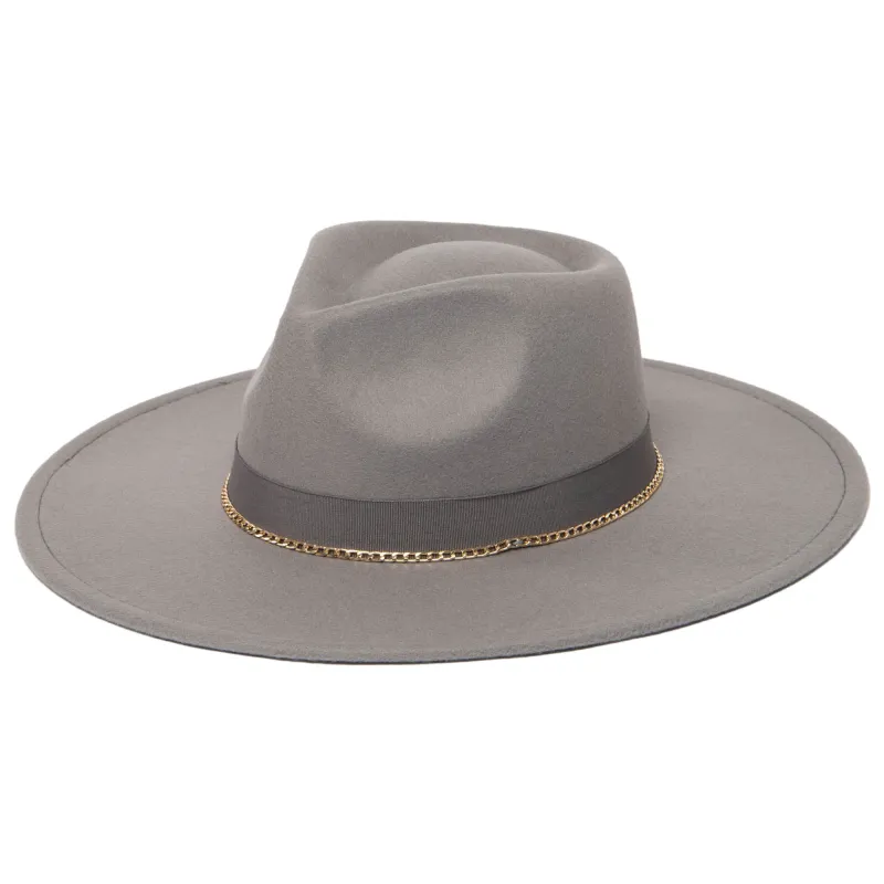 Mia - Faux Felt Fedora with Pinch Crown and Gold Trim Band sold by San Diego Hat Company