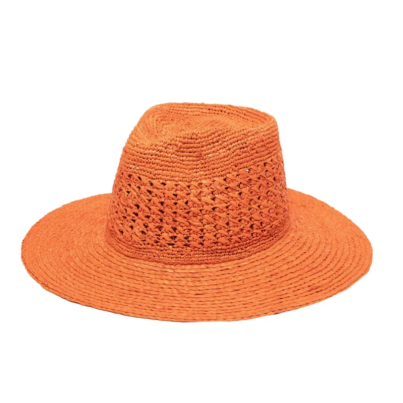 Women's Mixed Raffia Fedora w/ Hand Crochet Crown & Raffia Braid Brim - Rust sold by San Diego Hat Company