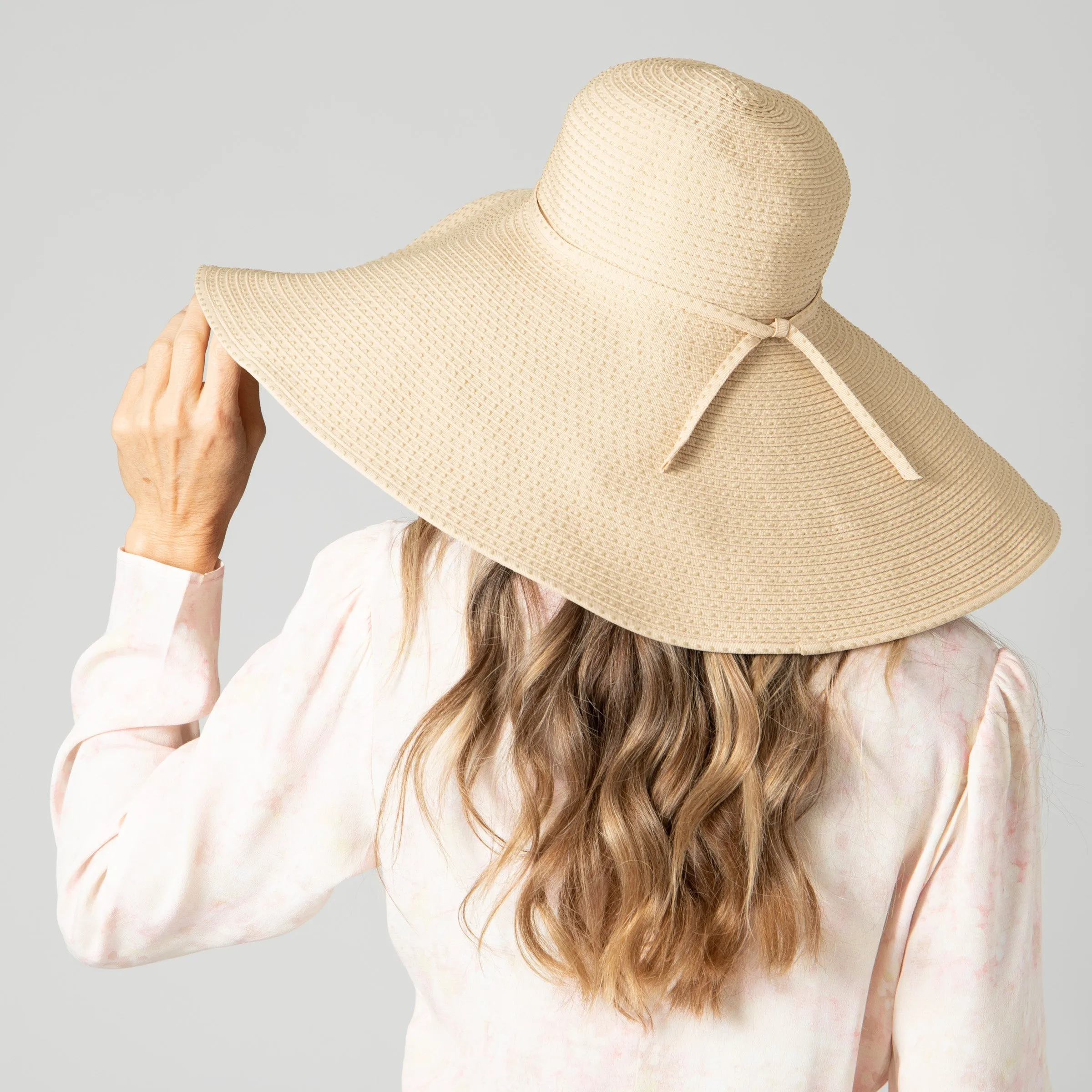 Women's Wide Brim Ribbon Floppy Hat with Ticking Fabric sold by San Diego Hat Company product image thumbnail 3