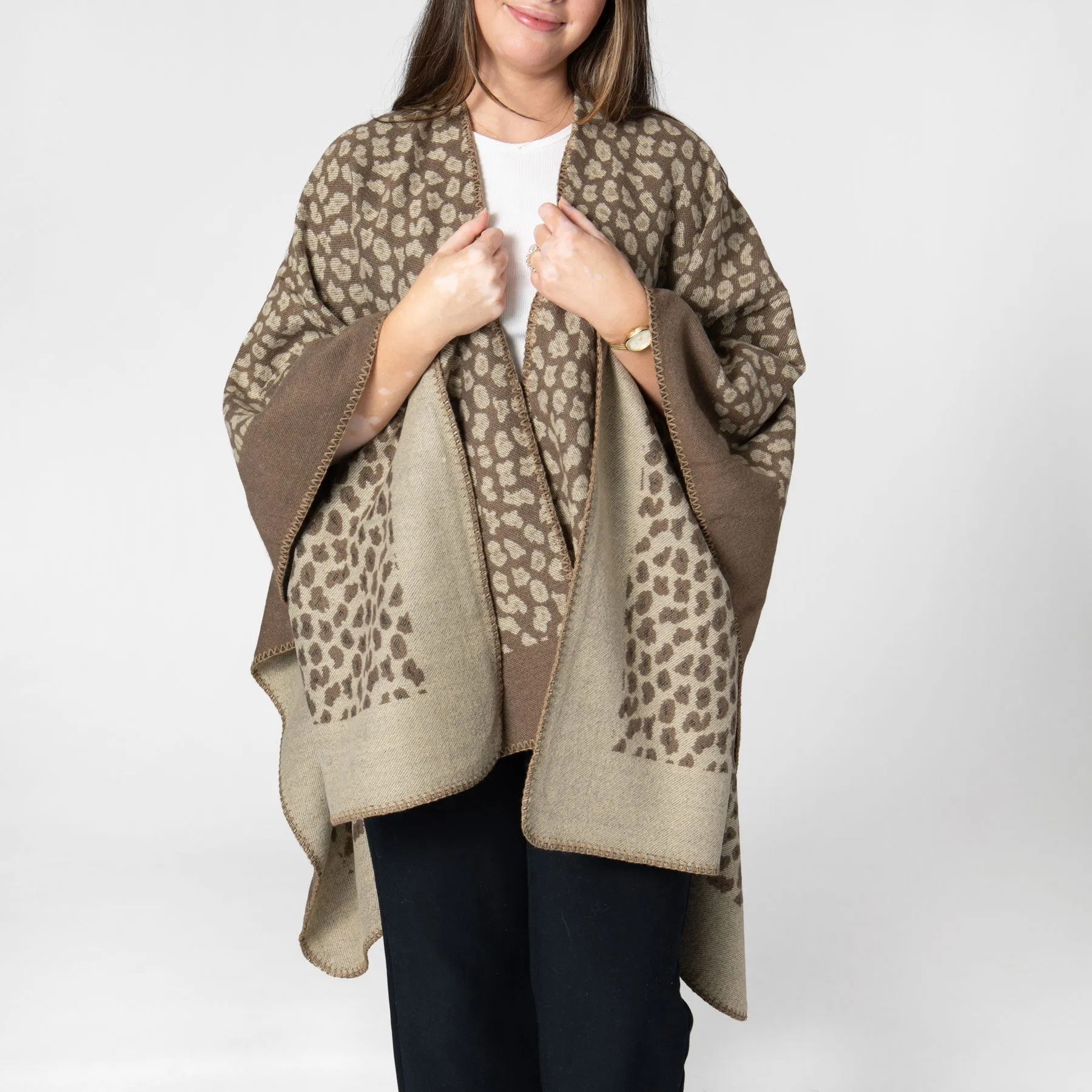 Marybeth - Womens Jacquard Leopard Open Front Poncho sold by San Diego Hat Company product image thumbnail 2